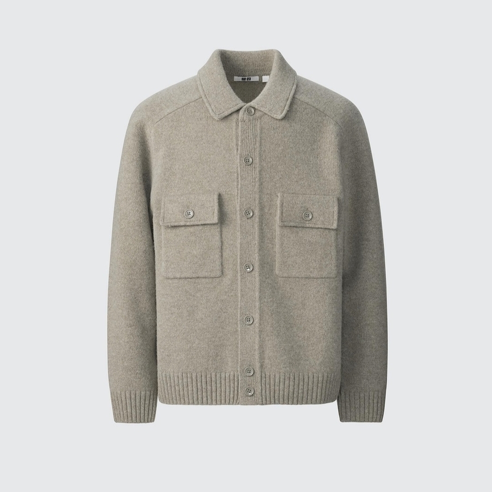 Uniqlo Lambswool Knitted Jacket Greyish Oilive Green Size M Men's Cardigan